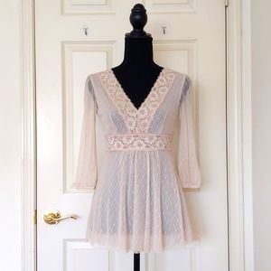 NWOT. Express 100% Nylon All Lace V-Neck Long Sleeve Blouse with Lining.